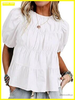 Flowy Babydoll Top Short Puff Sleeve Peplum Blouse Dressy Casual Boho Smocked